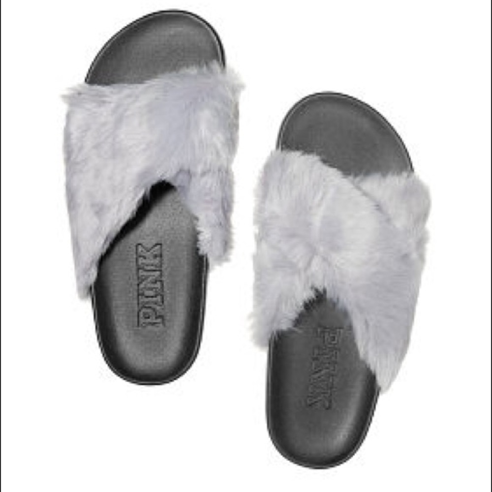 Faux fur crisscross slides